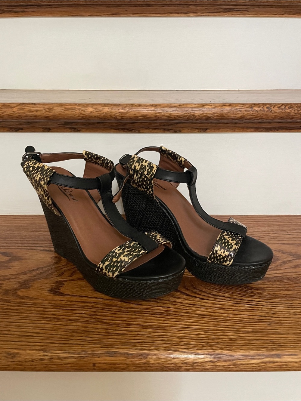 Lucky Brand Black Wedge Sandals with Tan Animal-Print Straps